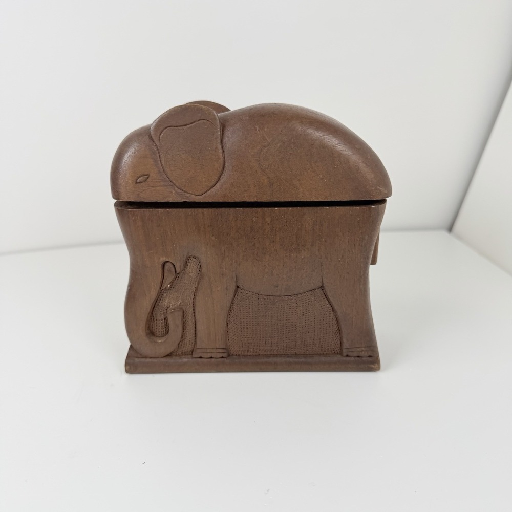 Vintage Hand Carved Wooden Elephant Cigarette Box Holder Hinged Case